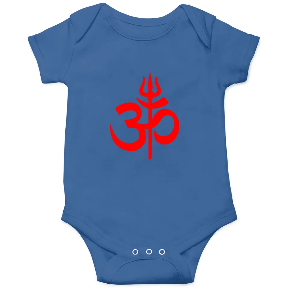 Spiritual Om Trishul Baby Onesie – Sacred Hindu Symbol Bodysuit in Vibrant Red | Soft Cotton Newborn & Infant Wear